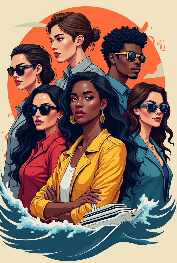"Create a dynamic vector portrait titled 'Cruise Squad 2025.' The artwork should feature a group of futuristic, stylish individuals, each with a unique, vibrant appearance. Use bold colors and clean lines to highlight their distinct personalities and attire. The individuals should be positioned together, showcasing a sense of camaraderie and adventure. The background should be simple yet complementary, perhaps incorporating abstract or geometric elements to enhance the futuristic theme. Aim for a modern, energetic look with a focus on sharp details and smooth gradients."