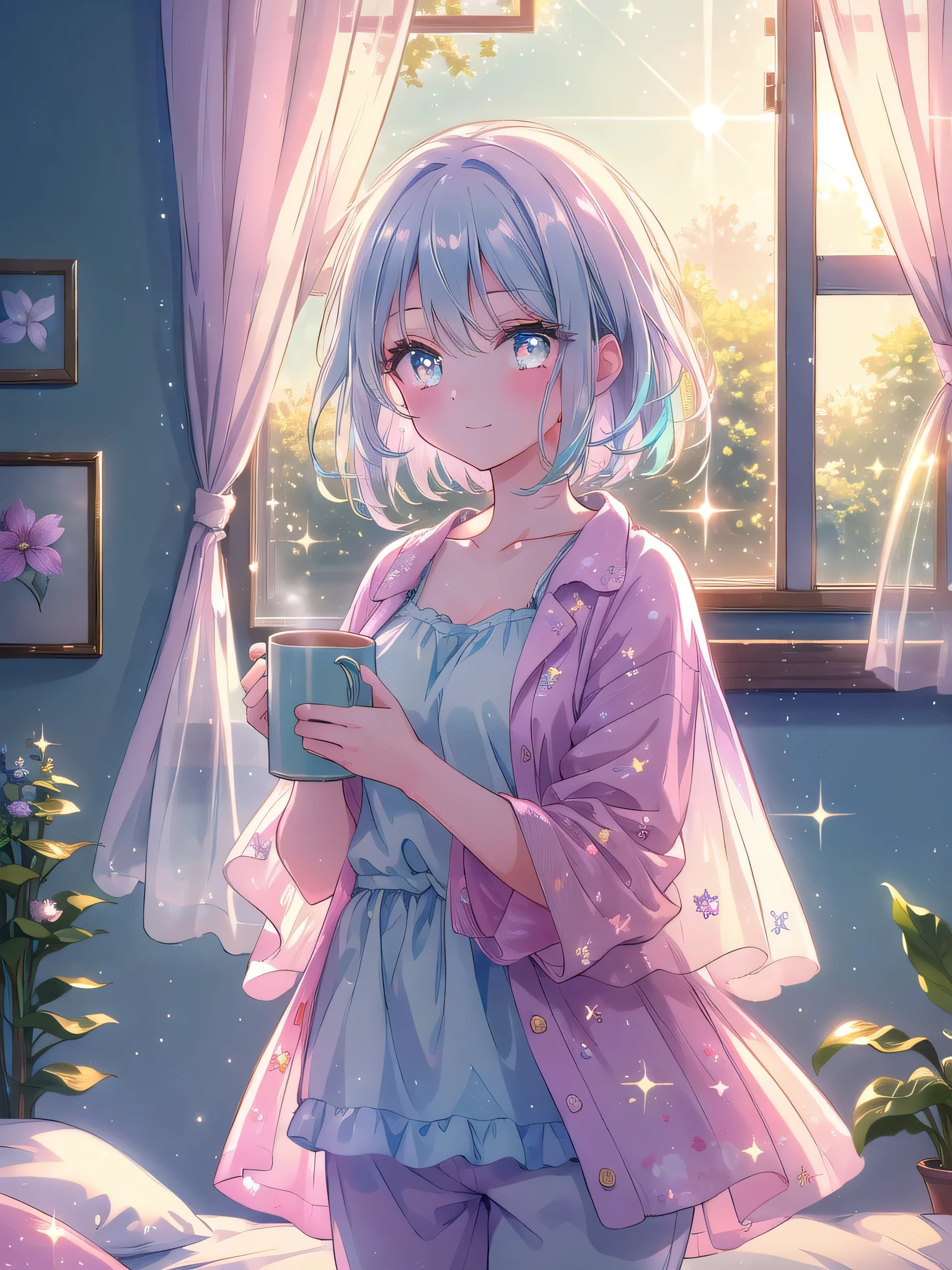 ((8k, Highest quality, masterpiece: 1.3)),Ultra-high resolution,(1 girl, alone), (Color changing eyes, Ultra-detailed, Expressive brilliance, Glitter, Glowing Eyes), Highly detailed eyes, Highly detailed face, Random Hair, ((pastel colour))A lovely woman standing by the window in her bedroom, wearing a simple tank top and pajama pants. The morning light streams through the curtains, illuminating the room in a soft, gentle glow. She’s holding a mug of tea, her expression serene and content as she gazes out at the world. She turns to the camera with a soft, sleepy smile, her eyes reflecting the warmth of the morning sun, as if she’s savoring the peaceful start of the day with her boyfriend.