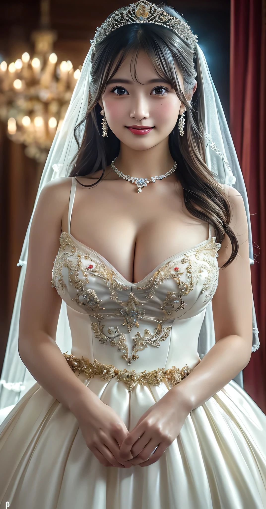 (8k,RAW Photos,Like the picture:1.45),masterpiece,Highest quality,wonderful,(Sexy Mature Woman:1),(Mature Woman:1.3), (3 woman.1.3)、(((very, very big)))、(((Extremely lewd and very huge boobs)))、(((Very deep cleavage)))、Hyper Real、In the lounge of a luxury hotel、An extremely beautiful and dignified smile、Extremely beautiful white skin、Extremely beautiful, delicate and precise skin texture、With long, fluffy, gorgeous brown hair((Evening updo:1.00))、Extremely beautiful women of Japan、(BIG ASS)、Thick thighs、Bright red lips、Gold earrings、Gold bracelet、Gold Necklace、(Super Detail),((Very delicate and beautiful)),Focus on the characters,Dynamic Angle,looking at onlookers with an intensely lewd gaze,((alone)),Are standing,((Extremely obscene whole body)),((a princess wearing a wedding dress that's a gorgeous evening gown with voluminous skirts)),((Smiling beautiful bride)),Detailed, Big smile and eyes,Jewel-like eyes,((Very long and voluminous hair)),Gorgeous embroidery and lace,((Gorgeous corsage)),See through,(Gorgeous Jewelry Ornaments),Luxury Hair Accessories,Gorgeous jeweled tiara,Gorgeous frills,((Very lewd face and huge breasts)),indoor,Very fancy church wedding,((Extremely obscene whole body)),Hoop skirt,crinoline,very long wedding veil,(((a mix of a bejeweled wedding dress and a luxuriously embroidered rococo ball gown))),