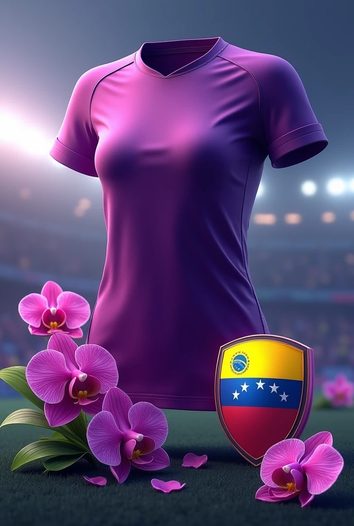 Purple women's sports shirt, black and lilac.
A small shield with the flags of Venezuela and Brazil merged together.
And an orchid flower