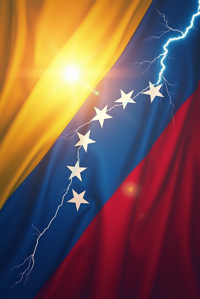 A sky of 3 colors, yellow, blue and red, simulating the flag of Venezuela, in a corner the radiant sun, On the other side a lightning bolt falls. 