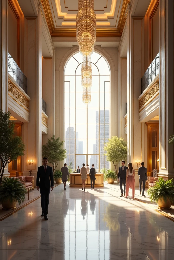 Show an image of a large reception lobby at a fancy building.