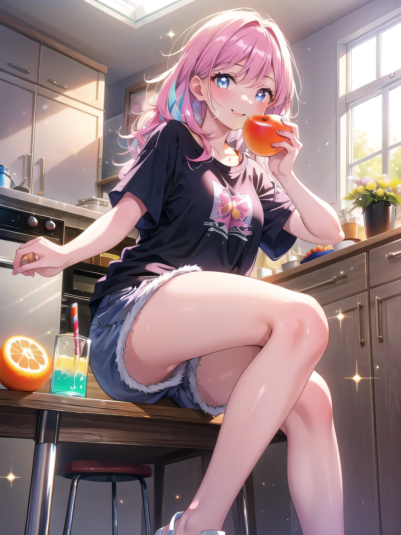 ((8k, Highest quality, masterpiece: 1.3)),Ultra-high resolution,(1 girl, alone), (Color changing eyes, Ultra-detailed, Expressive brilliance, Glitter, Glowing Eyes), Highly detailed eyes, Highly detailed face, Random Hair, ((pastel colour))A stylish woman sitting on the kitchen counter, wearing a loose T-shirt and shorts. The late afternoon sun casts a warm light across the room. She’s absentmindedly munching on a piece of fruit, her legs swinging slightly as she sits. Her expression is playful, her eyes sparkling with mischief as she glances at the camera with a teasing smile, as if she’s enjoying a lighthearted moment with her boyfriend.
