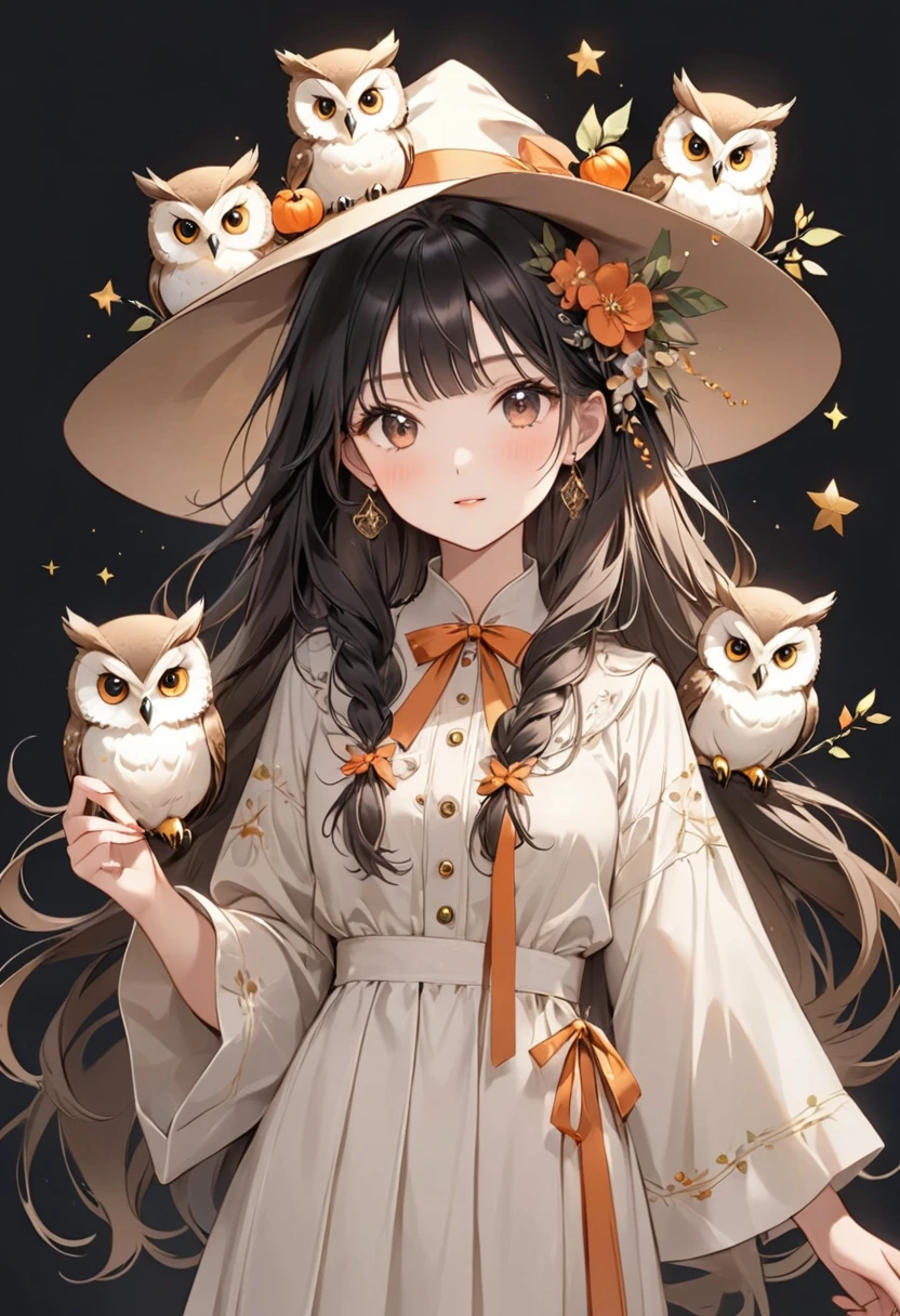 masterpiece, Highest quality, High resolution, sa1, (((Blank Background:1.5, No background:1.5, Background white:1.5))), woman、Around 20 years old、Upper Body、witch、(witchの格好:1.5), (Black Hair:1.5), (Long Hair:1.5), Draw your hands accurately、The hands are drawn beautifully.、Finely crafted、witchの洋服、Robe、hat、Halloween、Standing in the distance、(hatが見切れないように描いて:1.5)、(owl:1.5)、(owlがwomanの手にいる:1.5)、(big1羽のowl:1.5)、
