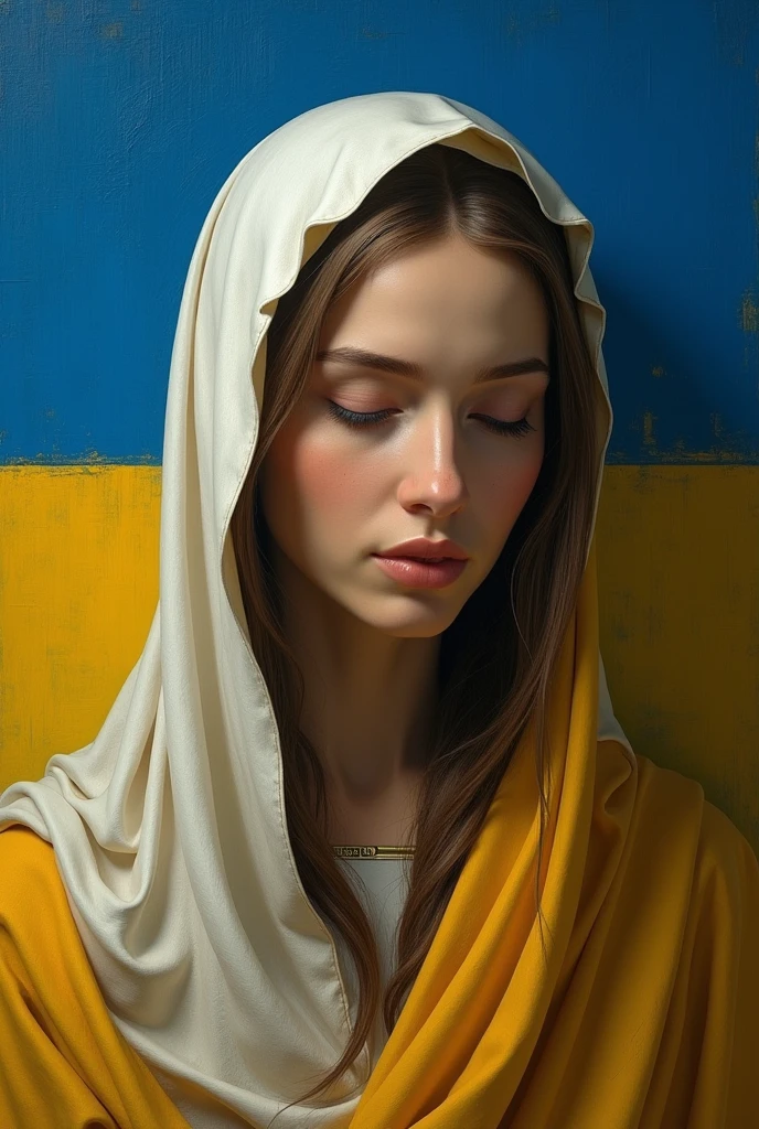 Ukraine flag  background Mary of Nazareth, head down, detailed face features, sharp eyes, soft skin,
pinhole photography, religious painting by Jean-Baptiste Monge, by Margaret Keane, the brush strokes are visible on the painting, sharp focus, studio photo,
intricate details, cinematic, realistic, perfect composition, intricate insanely detailed, octane render, trending on artstation, photorealistic concept art, soft natural volumetric cinematic perfect light, chiaroscuro, award winning photograph, masterpiece, oil on canvas, ultra hd, realistic, vivid colors, 8k HDR 3D 16k UHD RAW 