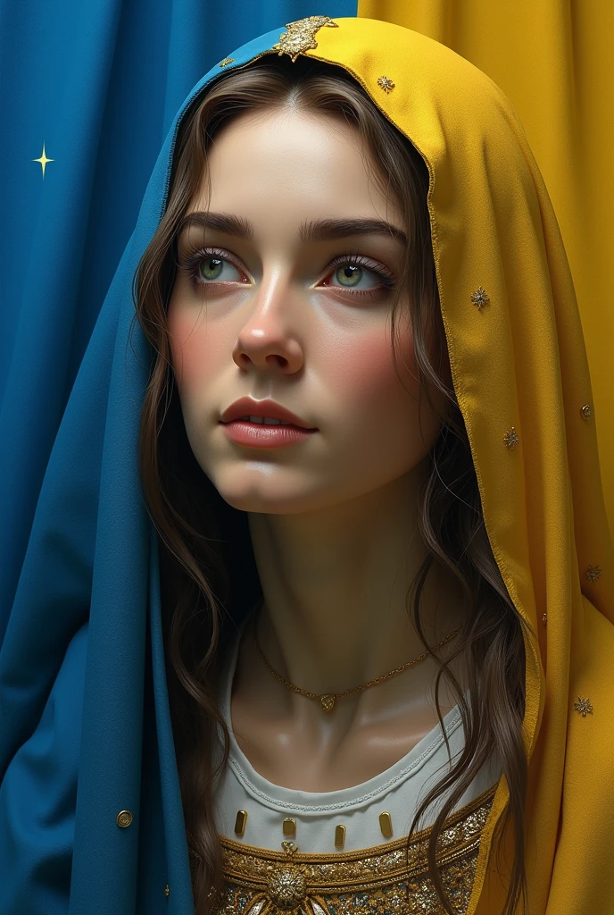 Ukraine flag  background Mary of Nazareth, head down, detailed face features, sharp eyes, soft skin,
pinhole photography, religious painting by Jean-Baptiste Monge, by Margaret Keane, the brush strokes are visible on the painting, sharp focus, studio photo,
intricate details, cinematic, realistic, perfect composition, intricate insanely detailed, octane render, trending on artstation, photorealistic concept art, soft natural volumetric cinematic perfect light, chiaroscuro, award winning photograph, masterpiece, oil on canvas, ultra hd, realistic, vivid colors, 8k HDR 3D 16k UHD RAW 