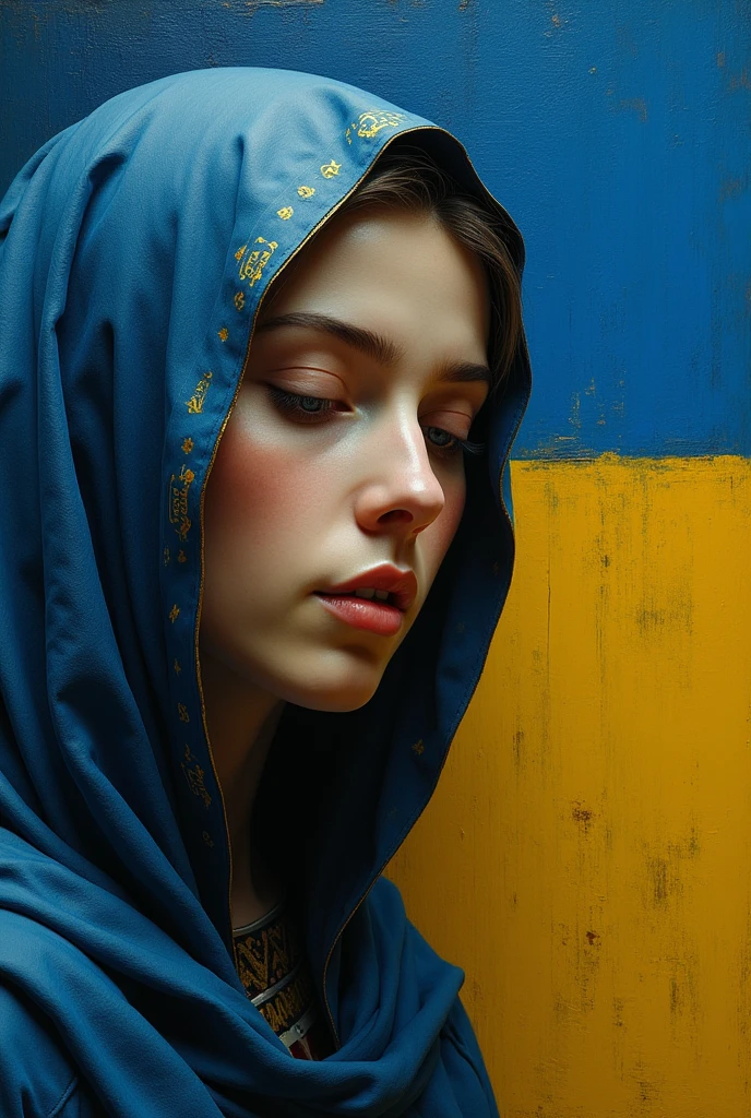 Ukraine flag background Mary of Nazareth, head down, detailed face features, sharp eyes, soft skin,
pinhole photography, religious painting by Jean-Baptiste Monge, by Margaret Keane, the brush strokes are visible on the painting, sharp focus, studio photo,
intricate details, cinematic, realistic, perfect composition, intricate insanely detailed, octane render, trending on artstation, photorealistic concept art, soft natural volumetric cinematic perfect light, chiaroscuro, award winning photograph, masterpiece, oil on canvas, ultra hd, realistic, vivid colors, 8k HDR 3D 16k UHD RAW