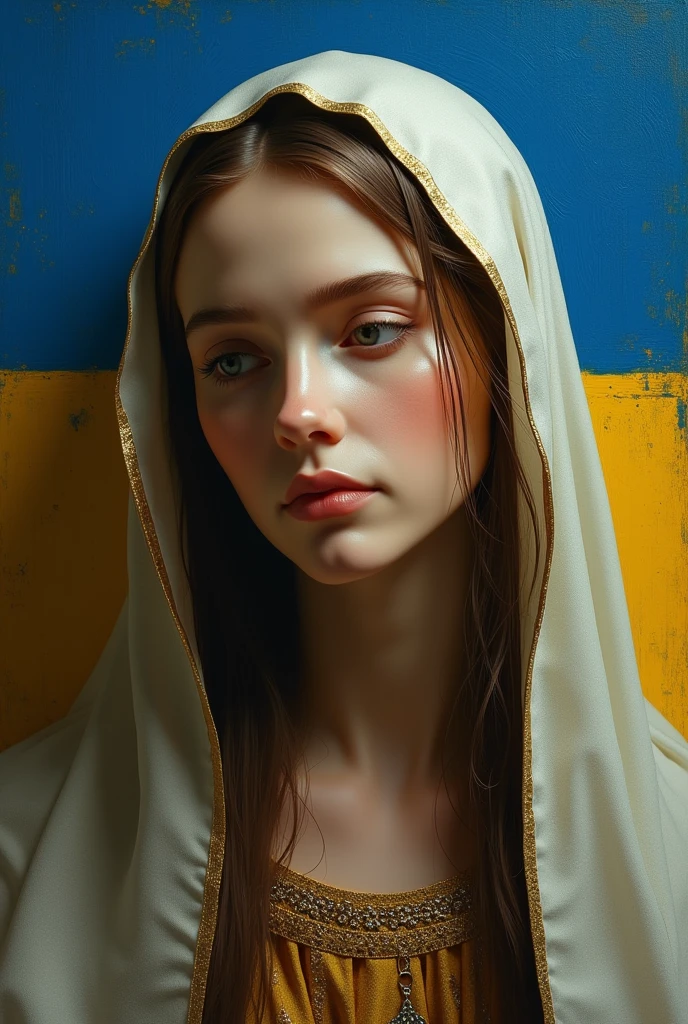 Ukraine flag background Mary of Nazareth, head down, detailed face features, sharp eyes, soft skin,
pinhole photography, religious painting by Jean-Baptiste Monge, by Margaret Keane, the brush strokes are visible on the painting, sharp focus, studio photo,
intricate details, cinematic, realistic, perfect composition, intricate insanely detailed, octane render, trending on artstation, photorealistic concept art, soft natural volumetric cinematic perfect light, chiaroscuro, award winning photograph, masterpiece, oil on canvas, ultra hd, realistic, vivid colors, 8k HDR 3D 16k UHD RAW