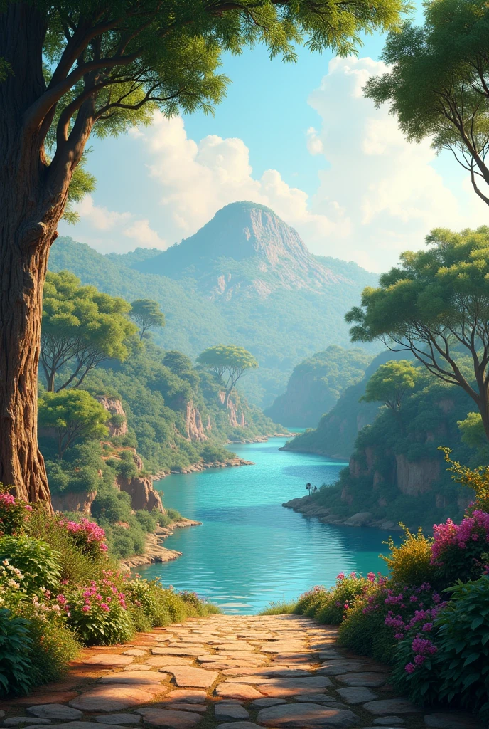 In 3D animation generate"An overview of the vibrant Vrindavan setting, showcasing the Yamuna River, Govardhan Hill, lush trees, and a sense of natural beauty."