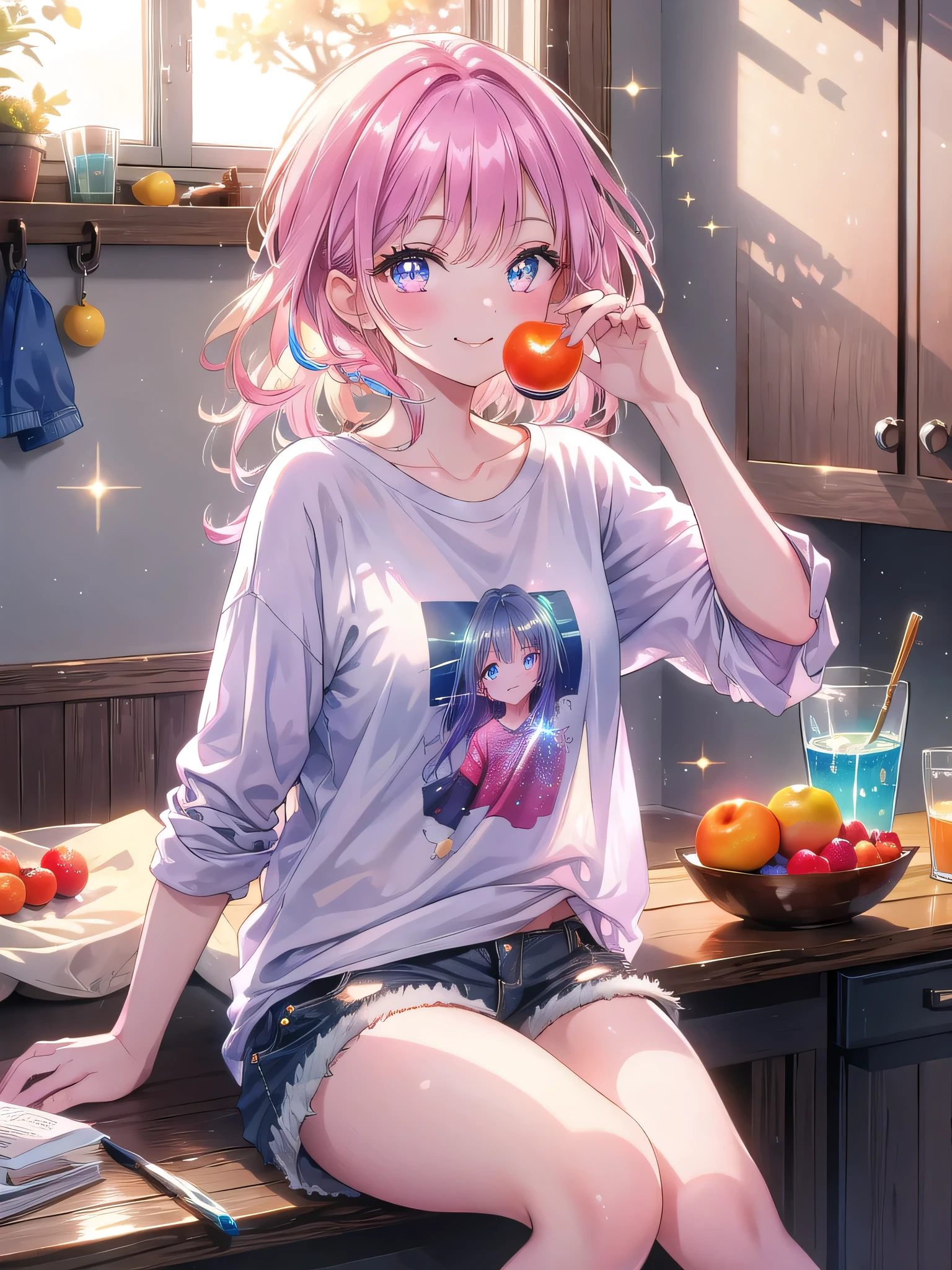 ((8k, Highest quality, masterpiece: 1.3)),Ultra-high resolution,(1 girl, alone), (Color changing eyes, Ultra-detailed, Expressive brilliance, Glitter, Glowing Eyes), Highly detailed eyes, Highly detailed face, Random Hair, ((pastel colour))A stylish woman sitting on the kitchen counter, wearing a loose T-shirt and shorts. The late afternoon sun casts a warm light across the room. She’s absentmindedly munching on a piece of fruit, her legs swinging slightly as she sits. Her expression is playful, her eyes sparkling with mischief as she glances at the camera with a teasing smile, as if she’s enjoying a lighthearted moment with her boyfriend.