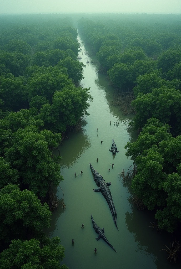 Aerial View of the Swamp: "An aerial view of the vast, dense mangrove swamps of Ramree Island during World War II. The thick, green foliage and muddy waters are dotted with small groups of Japanese soldiers trying to navigate their way through. Below the water’s surface, barely visible, large crocodiles are lurking, ready to ambush. The scene captures the isolation and hopelessness of the soldiers, lost in a natural labyrinth filled with unseen dangers."