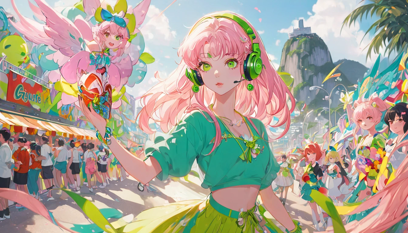 anime girl with pink hair wearing green and yellow headphones, looking at a carnival parade in rio de janeiro, anime styling 4 k, non-style artwork by guweiz, 8K anime art wallpaper, 4k anime art wallpaper, 4K anime art wallpaper, lofi portoRait, lofi girl, anime styling. 8k, melhor anime wallpaper 4k konachan, anime wallpaper 4k