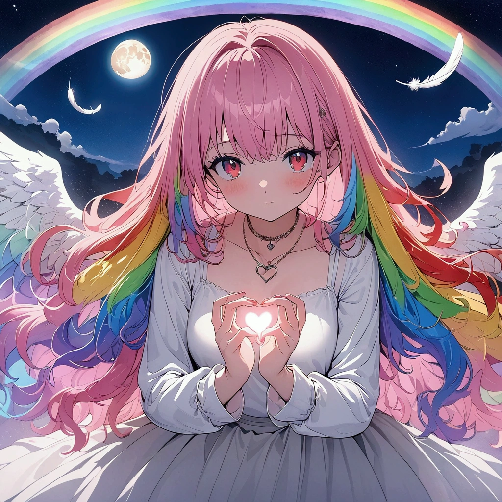 (((anime))) One Woman,Making a heart with hands,Heart symbol,Neon Pink,Angel,Iridescent Feathers,Long Hair,(Rainbow Hair),Bangs parted in the center,Inside the hair,Shine,Angelの輪,necklace,Wink,Filmography,Red eyes,Big eyes, white camisole,Volume sleeve,Long skirt,night,full moon,star,Backlight,masterpiece,Highest quality,Exquisite,8k,Absurd,Ultra-fine illustrations,(View your audience)