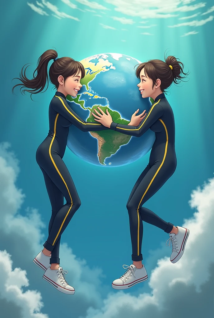 creates the happy planet earth being hugged and cleaned by 2 female high school students in a diver's uniform with a dark blue jacket and pants and yellow lines on the sides of the pants and arms with white sneakers