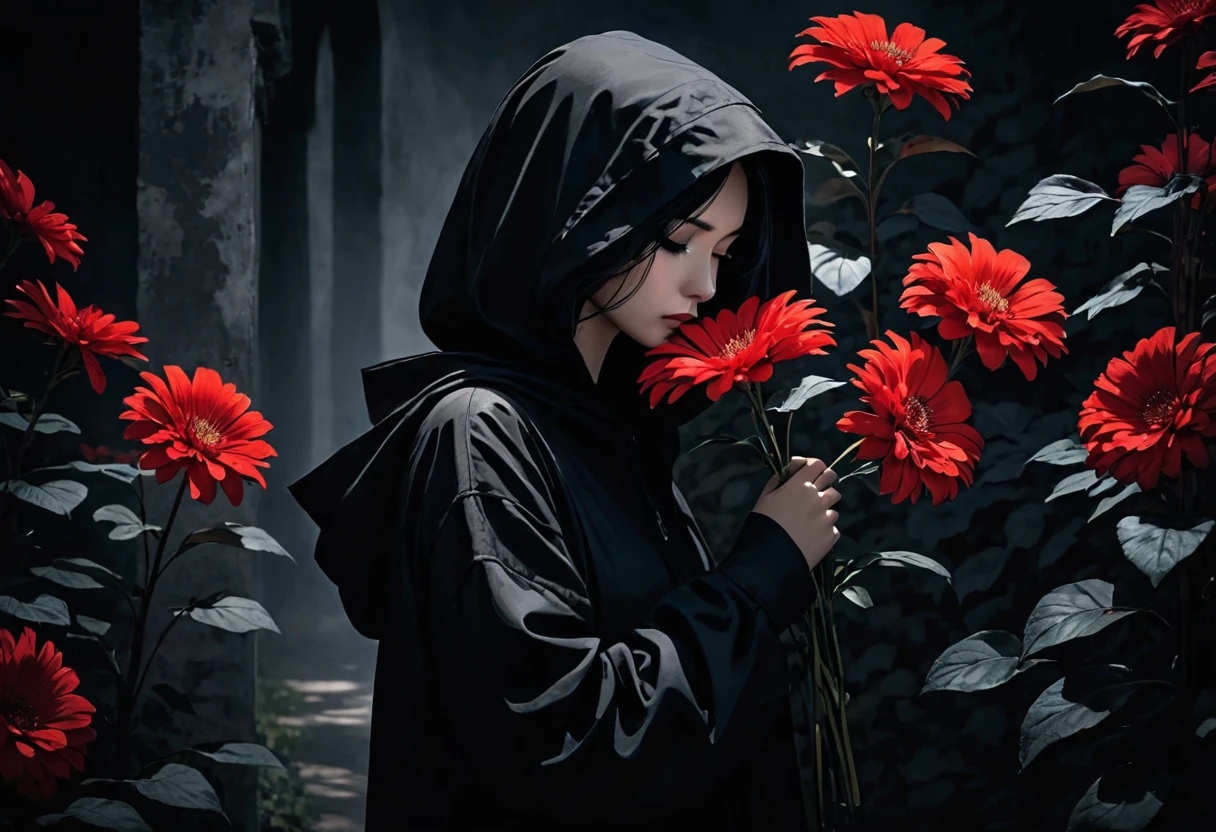 The image depicts a person wearing a dark hood that obscures much of their head. They have long, dark hair and are holding a black flower close to their face. The overall color palette of the image is dark and moody, with heavy shadows and a somber atmosphere. The clothing and the environment suggest a mysterious or gothic theme, with the red flower adding to the dramatic effect.