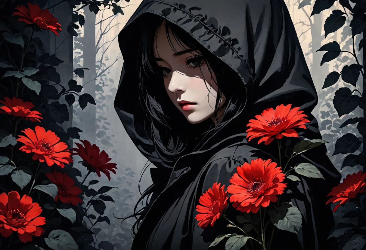The image depicts a person wearing a dark hood that obscures much of their head. They have long, dark hair and are holding a black flower close to their face. The overall color palette of the image is dark and moody, with heavy shadows and a somber atmosphere. The clothing and the environment suggest a mysterious or gothic theme, with the red flower adding to the dramatic effect.