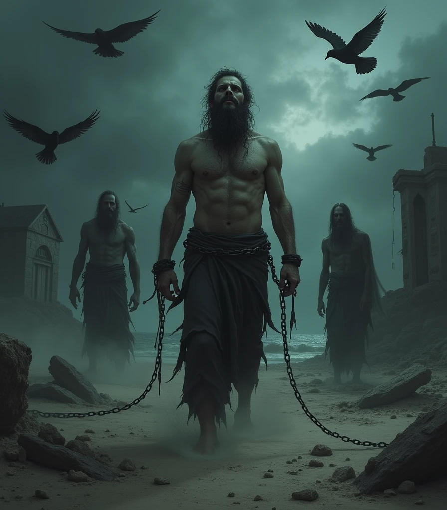 on a dark beach a half-naked man, Scrawny, hairy and bearded man chained by several demons in the background broken and dirty tombs with a dark sky with black birds flying over the place