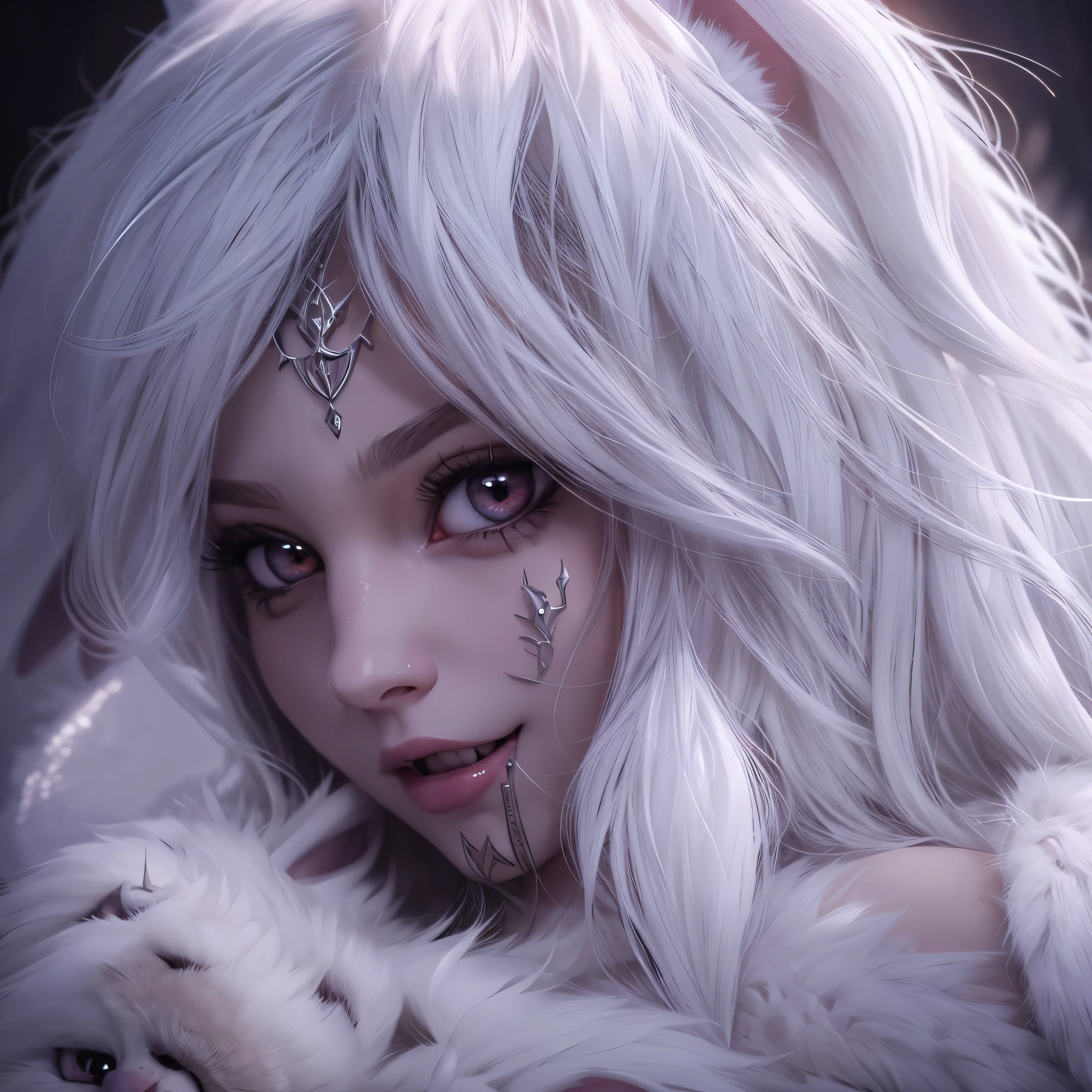 a cute but evil looking female white bunny, detailed bunny face, piercing eyes, sharp fangs, fluffy white fur, mischievous expression, detailed intricate patterns, fantasy, dark fantasy, digital art, highly detailed, 8k, photorealistic, cinematic lighting, dramatic shadows, moody atmosphere