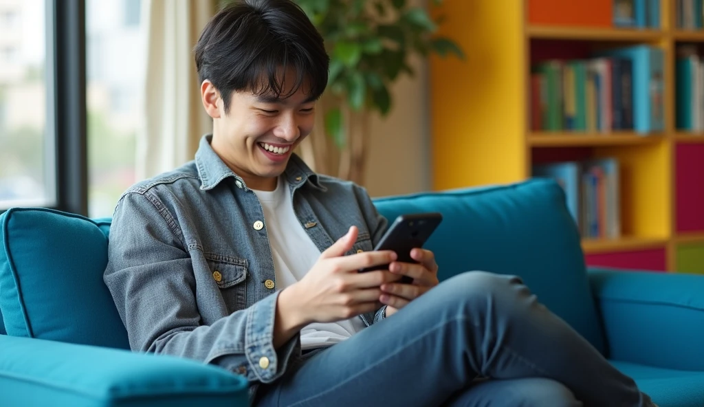 A Japanese male college student wearing fashionable clothes is sitting on a blue sofa with a bright expression and looking at his smartphone,Excited, Photo of your face, In a colorful room, with a natural look, With a slightly tired look, tilt your face a little, Diagonal orientation, Average face