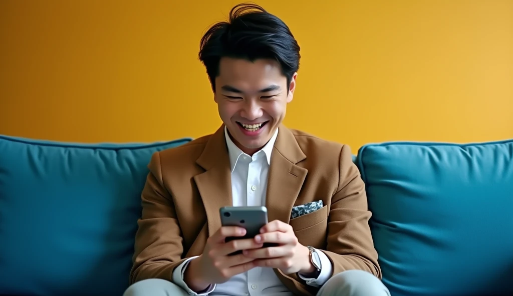 A Japanese male college student wearing fashionable clothes is sitting on a blue sofa with a bright expression and looking at his smartphone,Excited, Photo of your face, In a colorful room, with a natural look, With a slightly tired look, tilt your face a little, Diagonal orientation, Average face