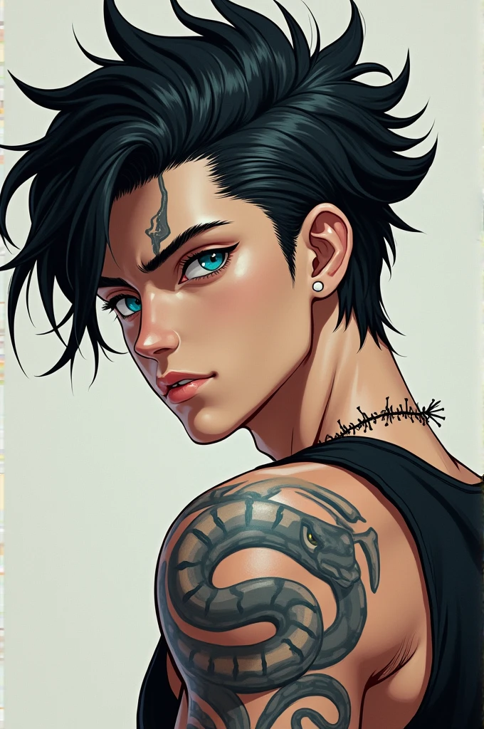 Make a teenage anime character with deep ocean blue eyes, black hair slicked back and shaved on the sides, the stubble, a snake tattoo on the back of the neck and barbed wire drawn on the shoulder 