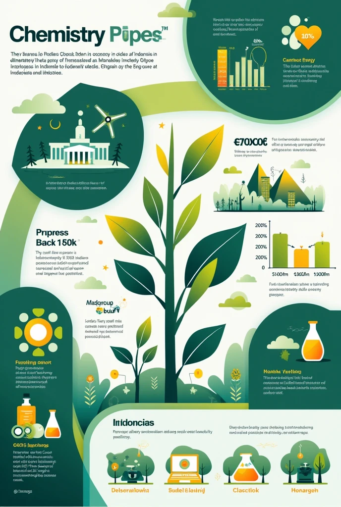 Make a graphic poster with a BRIEF EXPLANATORY TEXT IN INDONESIAN, green,white, blue with hanging links to real life and there are graphics that show the facts. with a theme "The role of chemistry in preparing Indonesia's golden 045" the cool one
