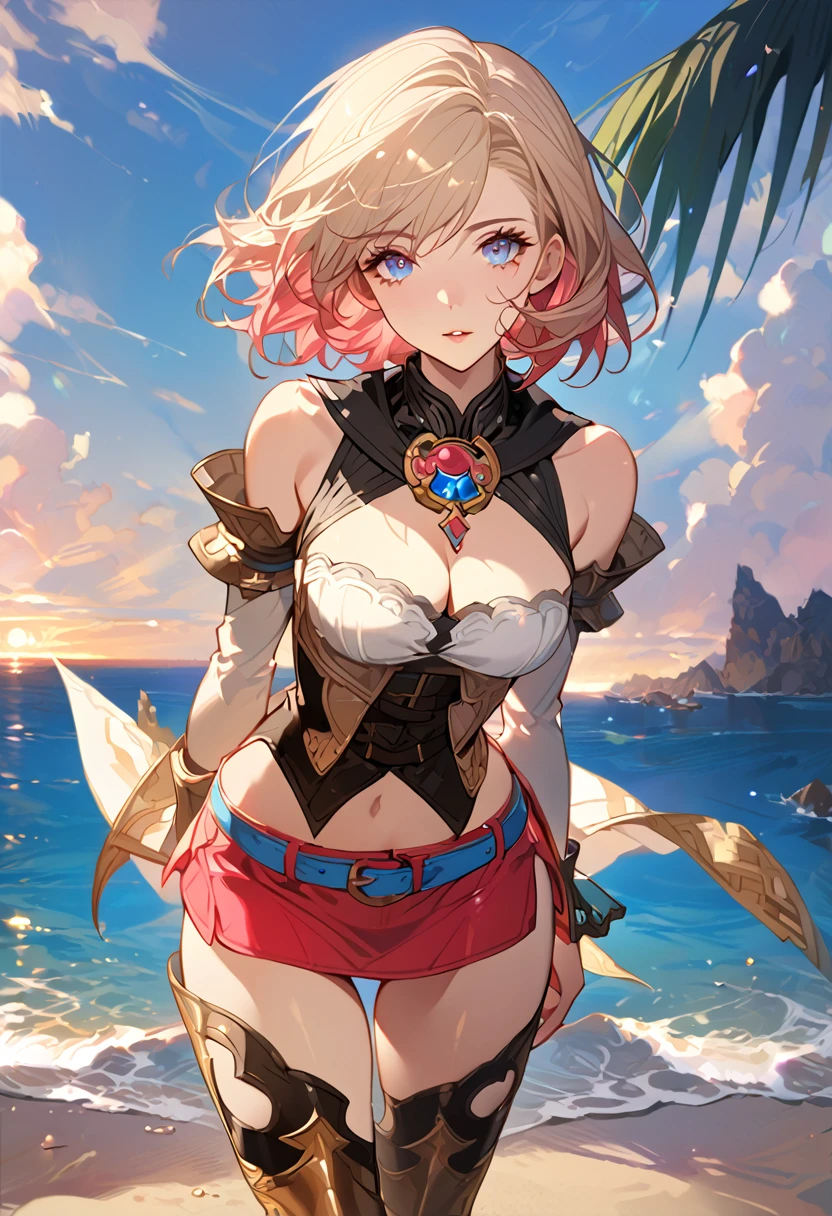 masterpiece, best quality, 8k, 4k, 1girl, ashelia final fantasy xii, Ashelia, short hair, pale blonde hair, blue eyes, white detached sailor like collar, round brooch, gold brooch with pink and blue jewel, white shirt, longer side shirt, cleavage, midriff, detached sleeves, bracer, black corset, corset under shirt, reddish pink skirt, microskirt, extremely tight skirt, super tight skirt, skirt with two slit on the side, blue belt, black high thigh with gold pattern , gold boots, slim body, looking at viewer, standing nicely, wind blowing, finely detailed eyes and detailed face, face detailed, hair detailed, clothes detailed, ((high quality)), extreme detail, beach sand, palm tree, calm water, high hills overlooking the sea, hollowed hills, inspired by Asukaziye artist : ask, art style : ask