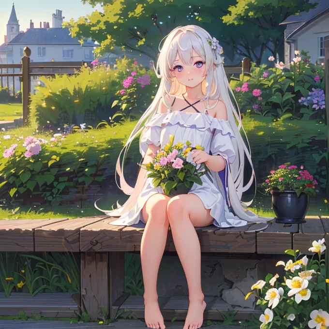 (best quality,4K,8K,high resolution,masterpiece:1.2),Very detailed,(Practical,photoPractical,photo-Practical:1.37),illustration,Soft Light,White hair girl,Deep purple eyes,Glowing eyes,sit down,barefoot,blush,Garden at night,Flowers.dew