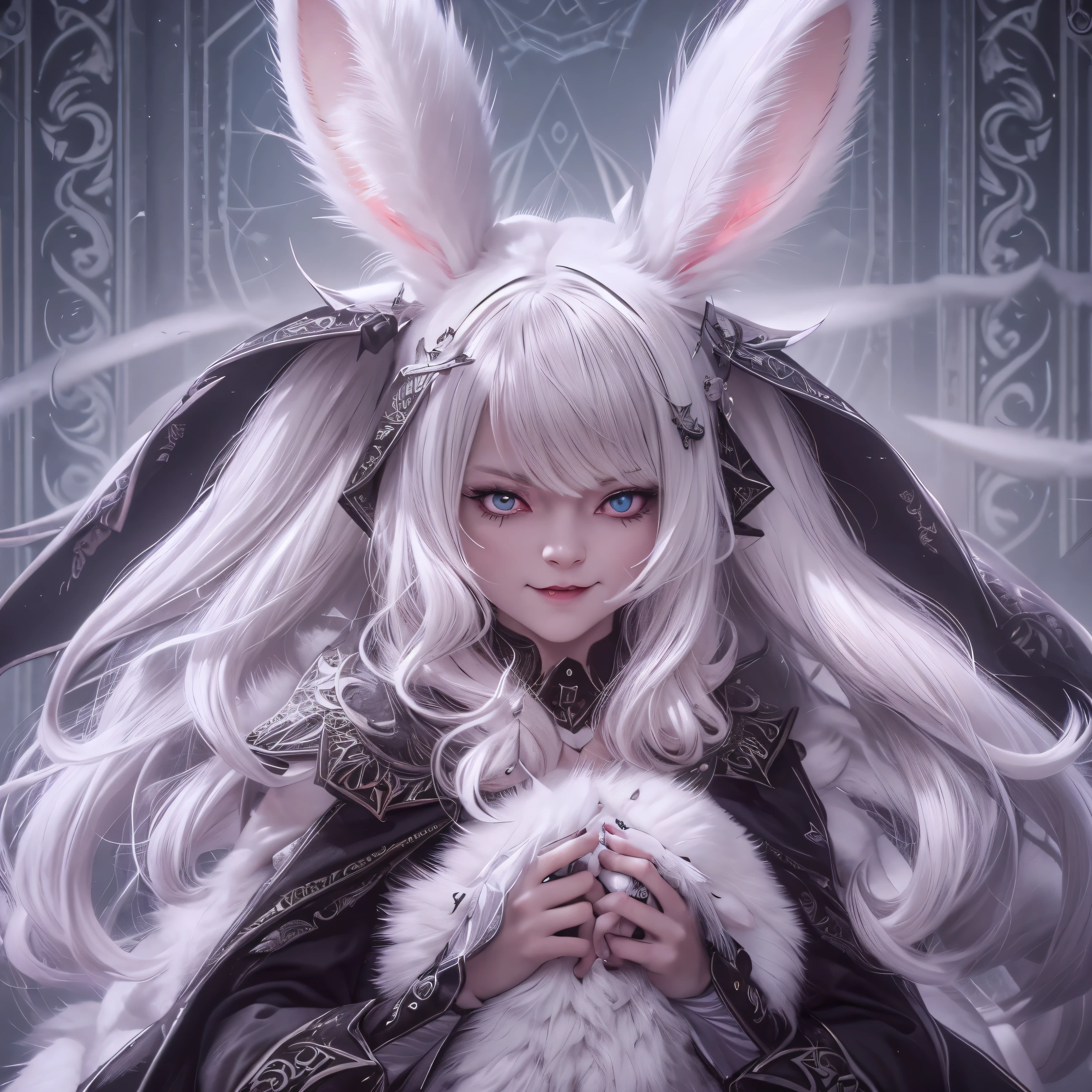 a cute but evil looking female white bunny, detailed bunny face, piercing eyes, sharp fangs, fluffy white fur, mischievous expression, detailed intricate patterns, fantasy, dark fantasy, digital art, highly detailed, 8k, photorealistic, cinematic lighting, dramatic shadows, moody atmosphere