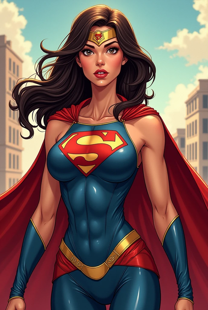 Comic and animation style muscular super heroine with an S on her chest