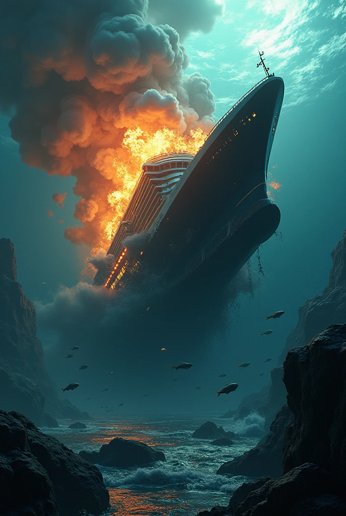 a large luxury ship is exploding at the bottom of the ocean