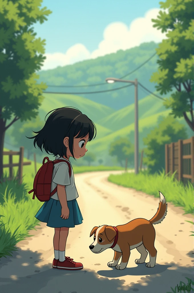 The girl was walking on the road when she saw a dog and felt pity