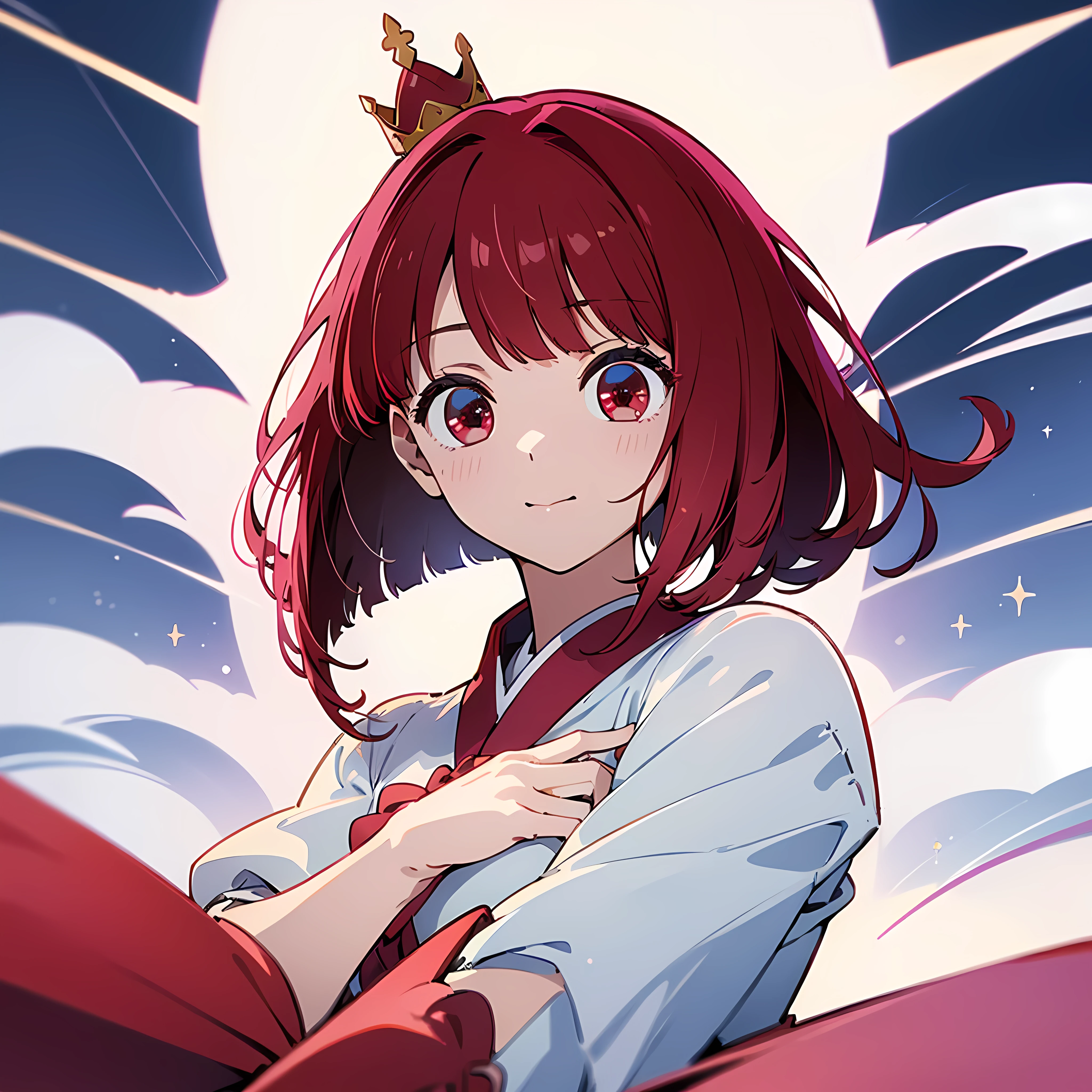 ((((masterpiece, Best Quality, Ultra-high resolution、Best illustrations))))、((Portrait half body of a person standing against a white background))、anime、A highly concentrated individual、(Very delicate and cute face)、(Sparkling Eyes)、A beautiful princess crown 、smile、Red cheeks、short shoulder red hair、Clean red eyes、Long red hakama、Knee-high boots、He is wearing a fairy wand at his waist.、Standing straight, facing slightly ahead.、((Perfect hands))、