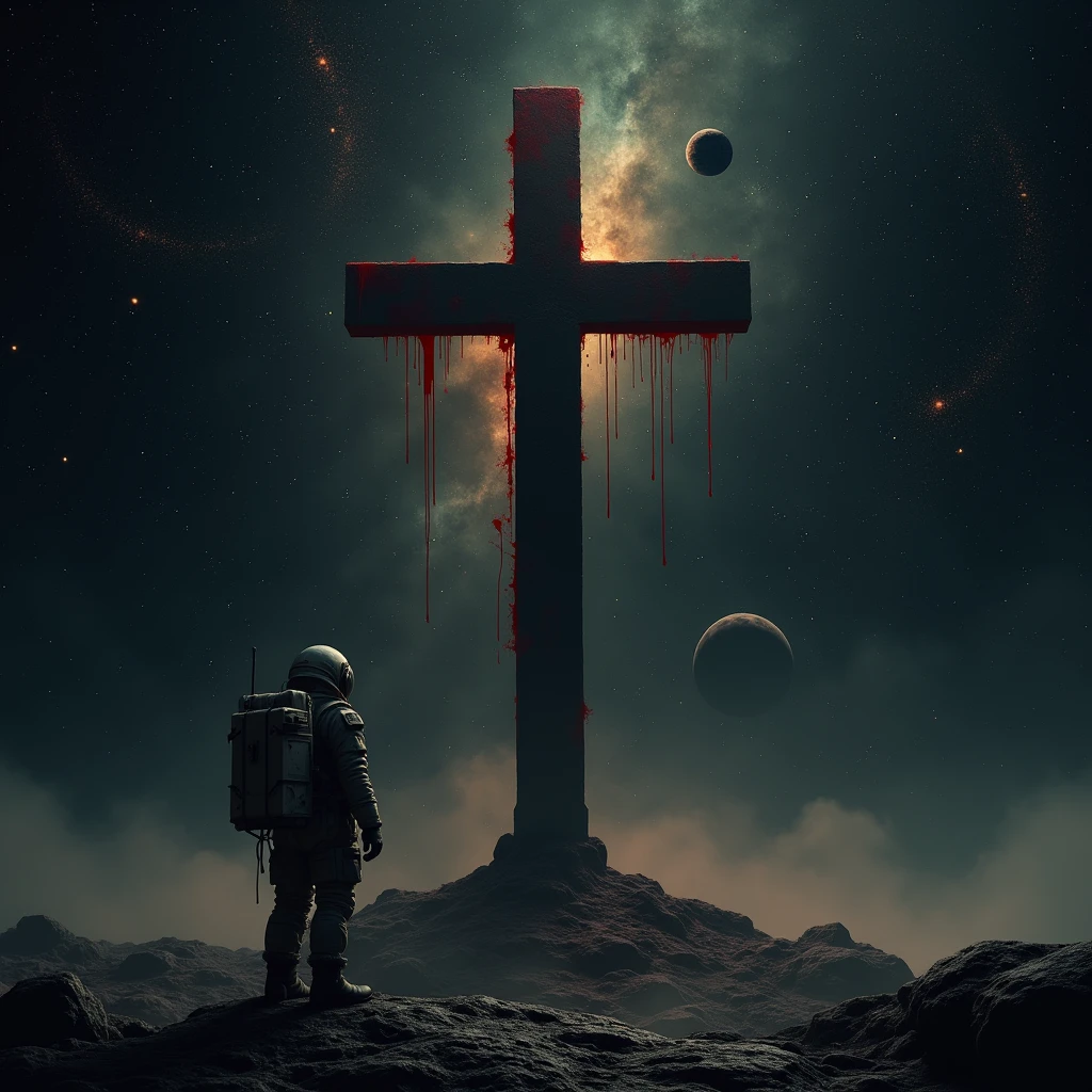 The Cross ,blood, outer space , constellations, stars , planets , an astronaut
