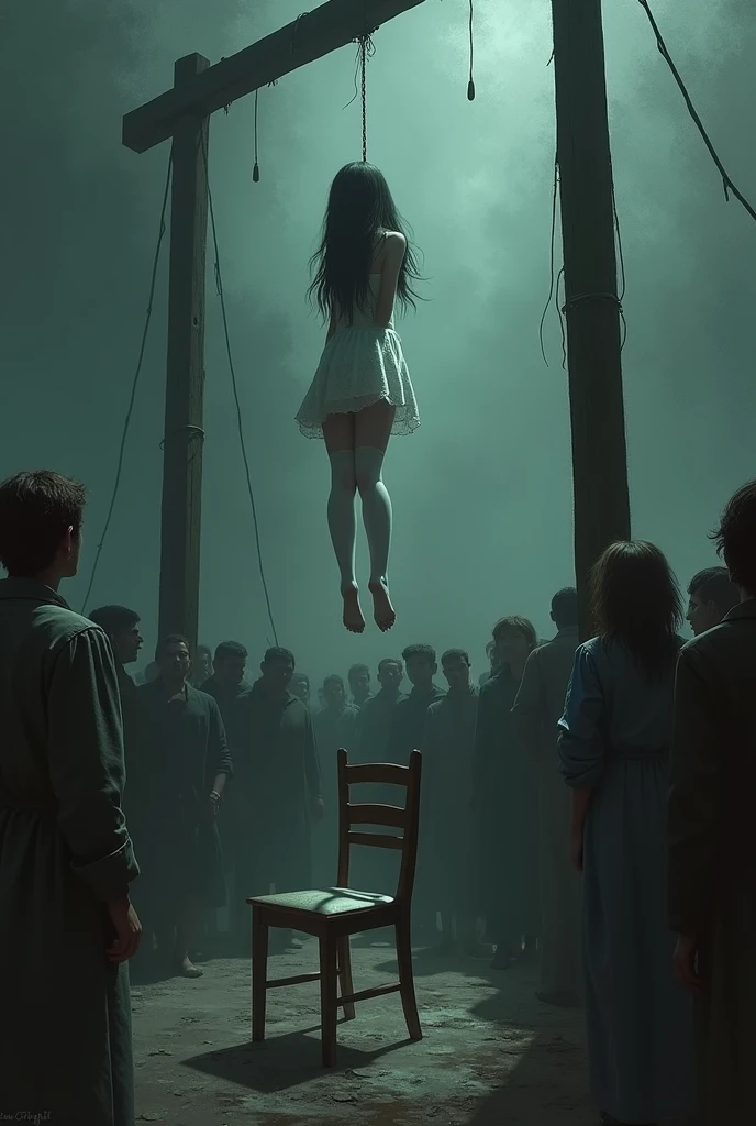 White Thigh High Stockings Girl Scene , gallows, many people around , float, There is a chair lying at the girl's feet and the girl is hanging.