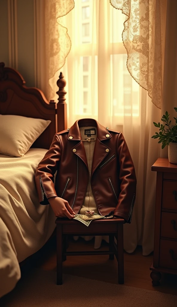 "A cozy bedroom in a vintage-style apartment, the warm afternoon sun filtering through lace curtains. On a small wooden chair by the bed, a well-worn leather jacket draped casually, with a hand reaching into the pocket, pulling out a crumpled bill. The ambiance captures the surprise and delight of an unexpected find, with the soft glow of nostalgia in the air."