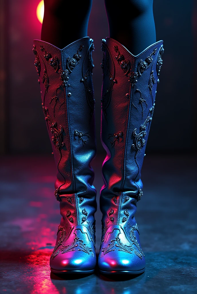 intricate iridescent boots, vibrant colors, highly detailed, photorealistic, hyper detailed, 8k, masterpiece, sharp focus, studio lighting, extreme detail, digital painting, artstation, concept art, cinematic lighting, volumetric lighting, chiaroscuro, dramatic lighting