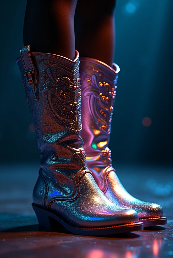 intricate iridescent boots, vibrant colors, highly detailed, photorealistic, hyper detailed, 8k, masterpiece, sharp focus, studio lighting, extreme detail, digital painting, artstation, concept art, cinematic lighting, volumetric lighting, chiaroscuro, dramatic lighting