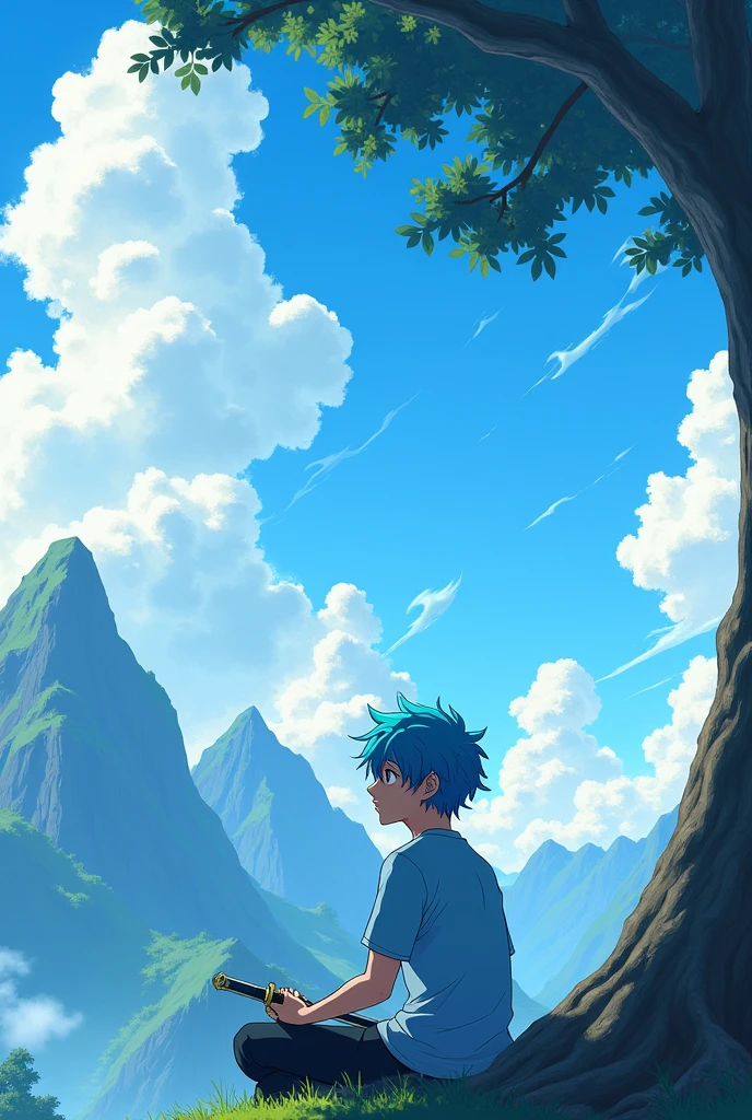 Craft a visually stunning artwork blending anime aesthetics with natural landscapes, depicting a boy resting under a tree while marveling at the grandeur of mountains and the ethereal beauty of clouds in the sky. Skyblue hair skyblue t shirt man black pant fighting with sword man