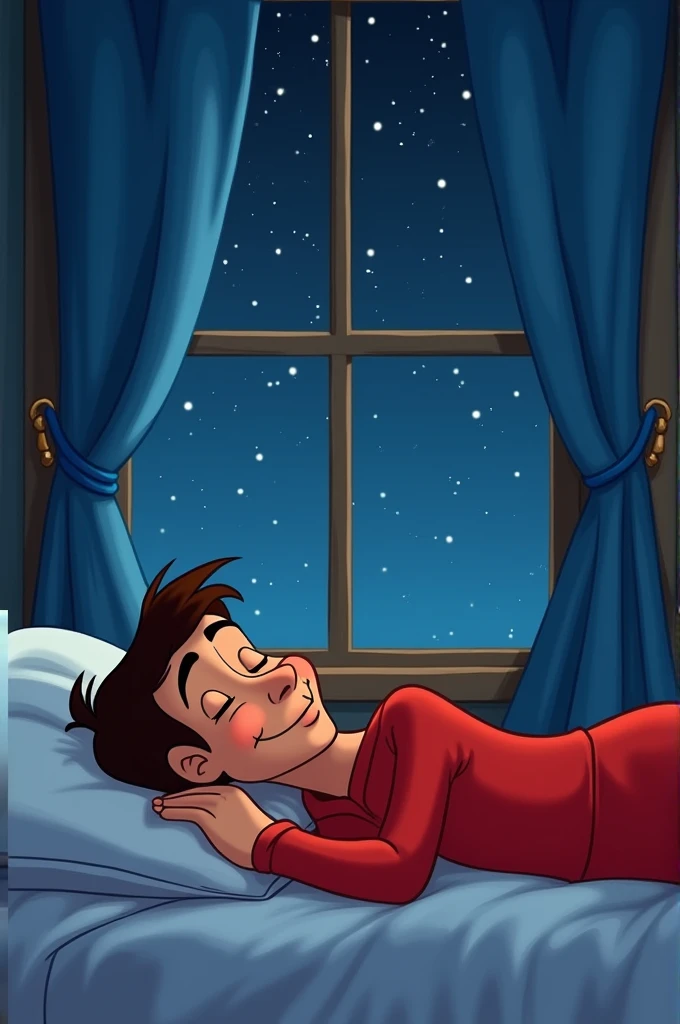 Creat A Cartoon Character Mogli sleeping on a bed. Mogli is lying on its side with its head resting and its eyes closed. It is wearing a red outfit and has a big smile on its face. The background shows a window with blue curtains and a night sky with stars. The overall mood of the image is peaceful and serene.
