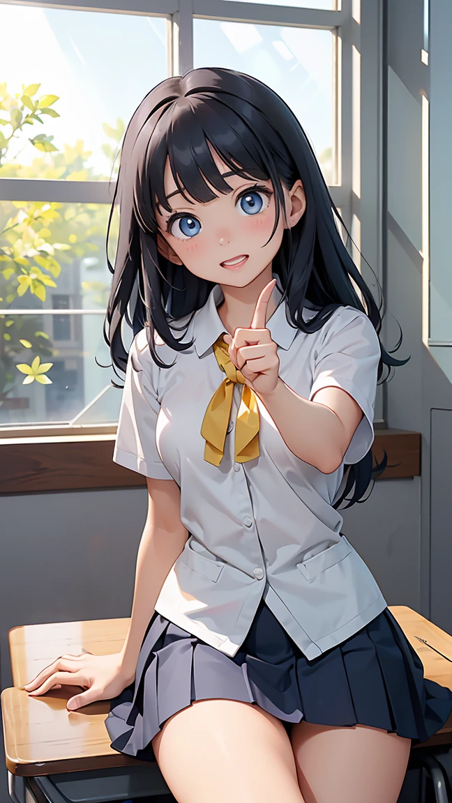 -(8K, Raw, Highest Quality, Real 1.2), Ultra High Quality, High Resolution, Highest Quality, Perfect Face, Perfect Limbs, Perfect Fingers, High Resolution, (Beautiful Anime Face, Cute Face, Detailed Face),
Anna Yanami, medium long hair, ahoge, medium bust, blue hair, blue eyes,
white shirt, four yellow ribbons on chest, blue-gray pleated skirt, uniform,
(confused: 1.3), (embarrassed: 1.3), (slightly surprised expression: 1.3), miniature human hand, (((medium bust 1.3))), (((thin thighs 1.3))), Japanese school, Japanese school classroom, ((sitting at desk in classroom: 1.5)), ((pointing finger towards: 1.4)), (((bright sunlight coming in through window: 1.4))), ((Looking down from below 1.5)), ((Deserted background 1.5)), (( 1.5)), Perfect anatomy, perfect proportions, nice lighting, bright colors, clean lines, information, blur, stunning facial expression, restless emotions, gorgeous and pretty, beautiful face and eyes with every detail, (masterpiece) beautiful face, young and handsome girl, really perfect skin, blur, stunning facial expression, restless emotions, gorgeous and pretty, beautiful face and eyes with every detail, (Audrey Hepburn), (cute), (J-POP idol), (thighs, (depth of field), (depth of field), soft light, sparkling lens gaze, (droopy eyes), straight teeth, shy smile, flowing hair, a scene from Blake's movie,