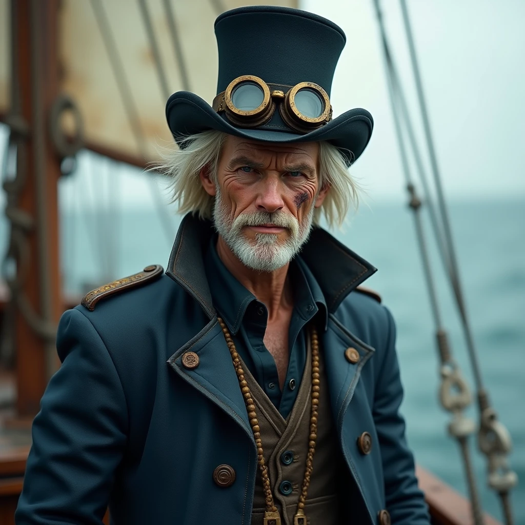 White male、(((2)))、Blonde Hair、semi-long、Unshaven、Are thin、Old burn scar around left eye、Top hat and goggles、Navy outfit、Jacket、On the boat