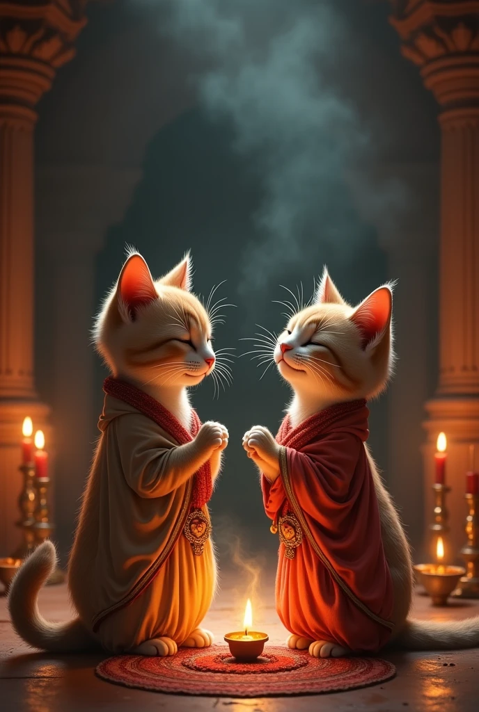Offering Prayers**: Inside the temple, the cats offer prayers and light incense sticks. The female cat's eyes are closed in concentration, and the male cat's paws are clasped together in prayer. The temple interior is dimly lit with flickering candles and the scent of incense filling the air. Cats are in rajasthani dress and image should be realistic 