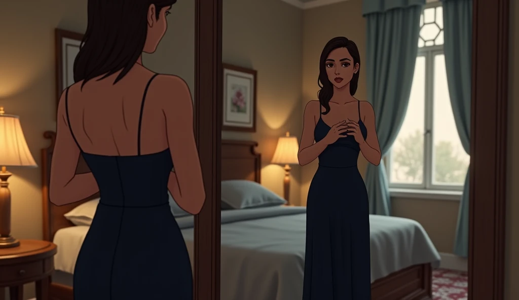 realistic image of "Valeria standing in front of a large mirror in her room, adjusting her navy blue dress. His expression is a mix of nervousness and determination.. The room is lit with a soft, warm light., and the mirror reflects both her elegant figure and her tense expression. In the background, You can see details of the room, like a well-made bed and a window with half-open curtains."