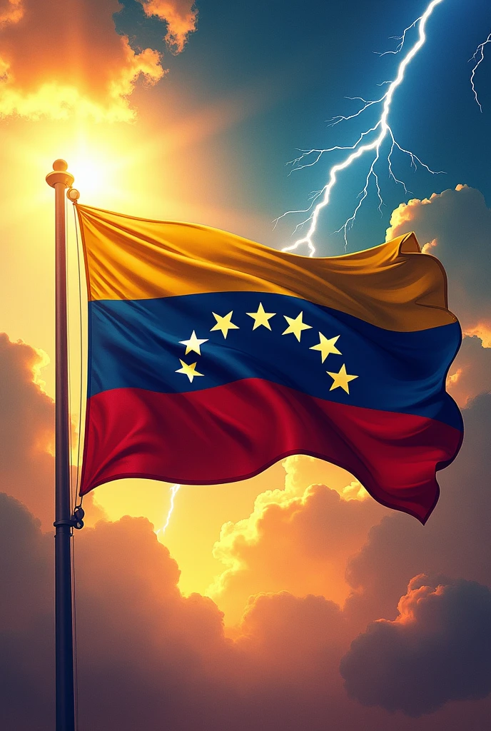 A sky of 3 colors, yellow, blue and red, simulating the flag of Venezuela with 7 stars, in a corner the radiant sun, On the other side a lightning bolt falls. 