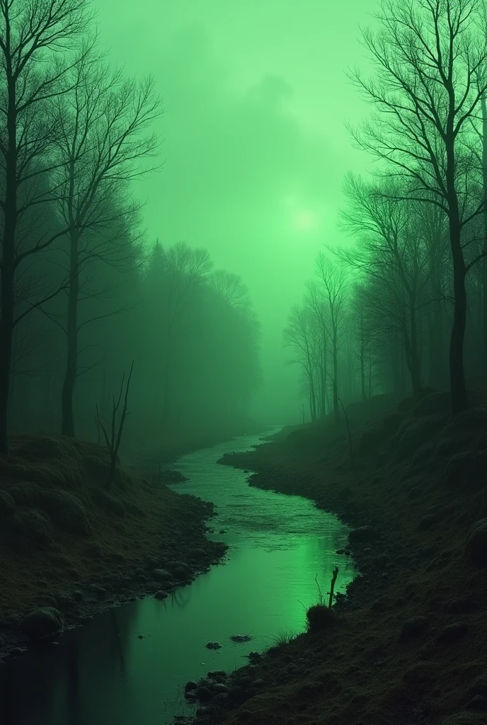 A forest and river landscape in Chernobyl, with an ominous green glow indicating the presence of radiation