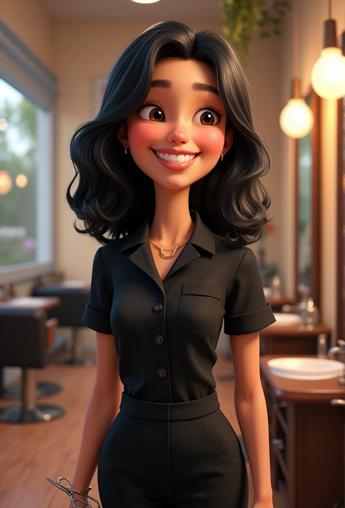 an adult head of medium hair in black uniform salon background, happy with scissors in hand disney pixar style