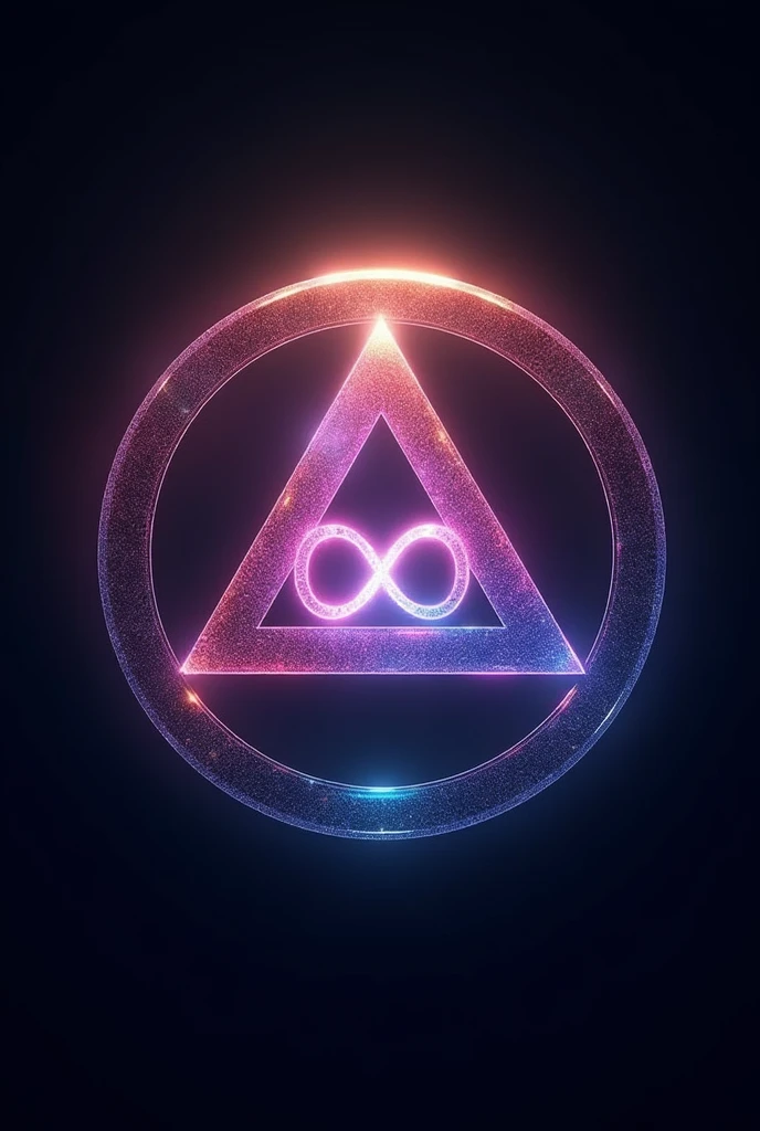 create a logo with an omega symbol inside a triangle that is inside a circle. The appearance of the omega symbol is of a shining appearance. There is a small infinity symbol in the center of the omega symbol., the infinity symbol appears to contain the entire color spectrum, giving an imposing appearance. The triangle is facing down