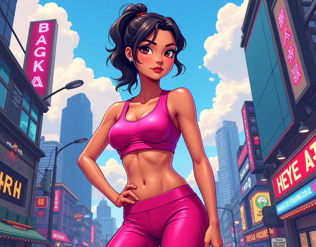 Full hd cartoon style image of gta v loading screen of a thai woman in workout clothes with bangkok as the background.