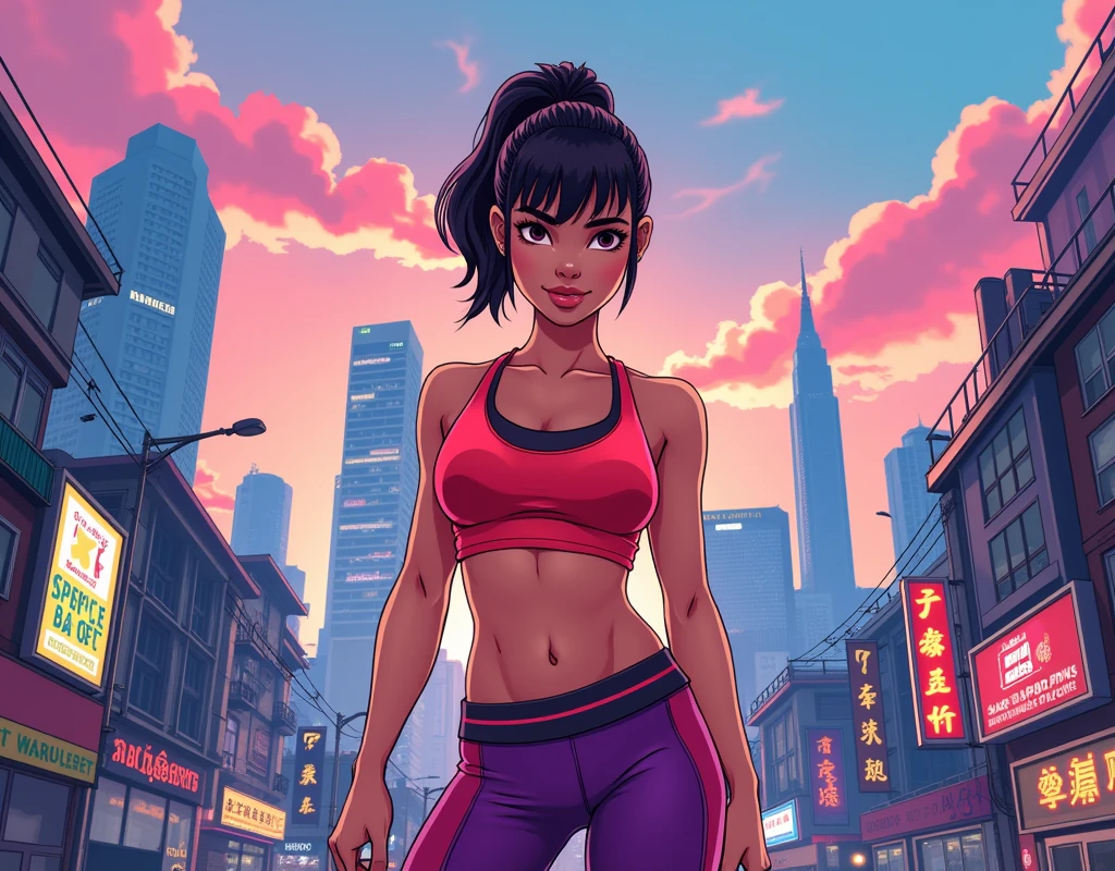 Full hd cartoon style image of gta v loading screen of a thai woman in workout clothes with bangkok as the background.